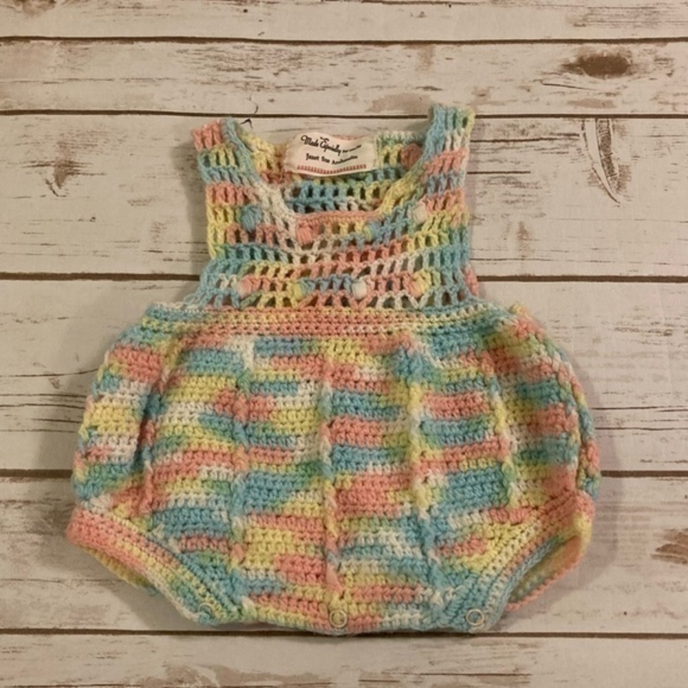 Vintage Handmade Crotchet Baby Pastel Rainbow Onesie 3-6 Months